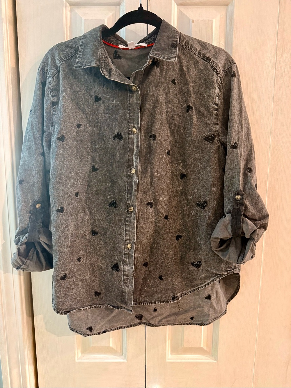 Washed Black Heart Print Button-Up Shirt JANE DELANCEY SZ SMALL